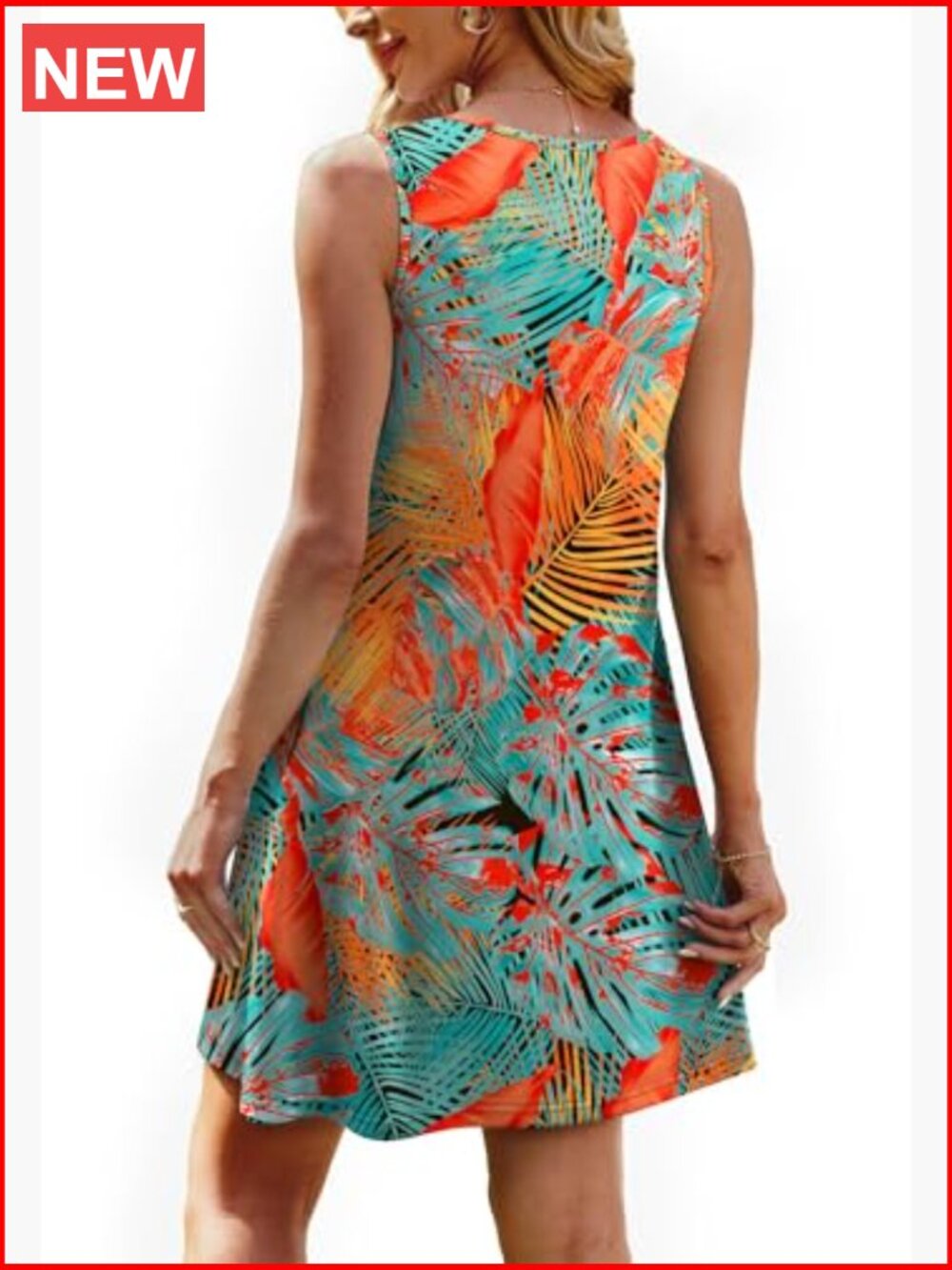 Tropical Print Sleeveless Shift Dress in Teal & Orange - Picture 5 of 6